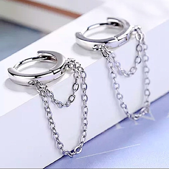 STERLING SILVER HOOP CHAIN DROP MINIMALIST EARRINGS - Picture 2 of 5